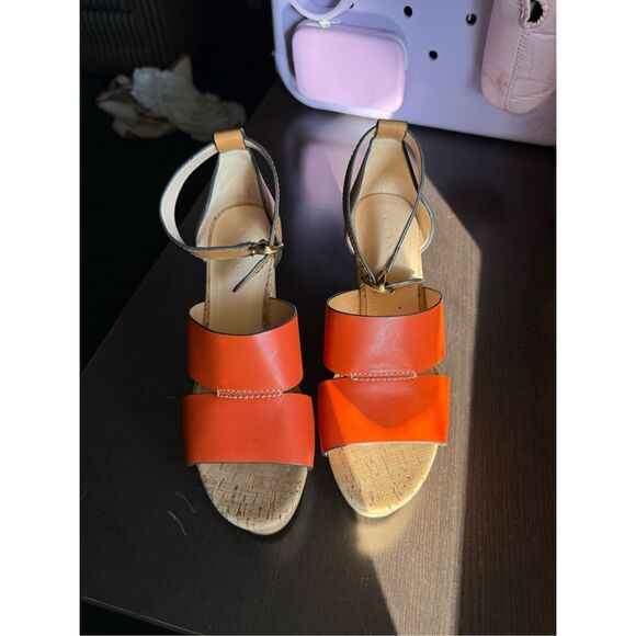 Coach Isla Orange & Tan Leather Cork Platform Wedge Sandals sz 9 NWOT - Picture 4 of 9